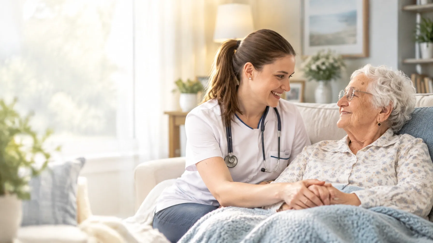 A SETO clinician sharing a warm moment with an older adult at home